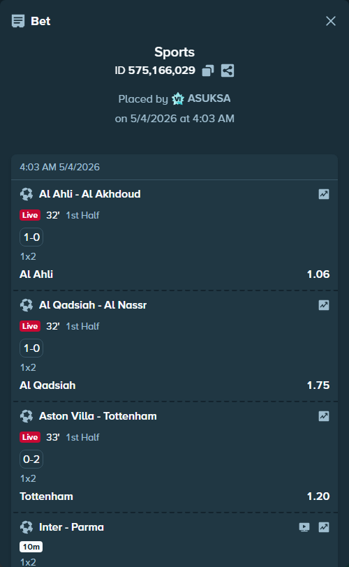 Bet slip: Al Ahli - Al Akhdoud, $10,545.62 stake at 1.06 odds, placed by ASUKSA