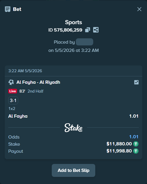 Bet slip: Al Fayha - Al Riyadh, $11,880.00 stake at 1.01 odds, placed by shubhamsaini06