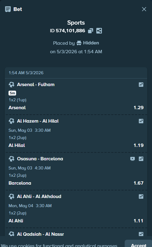 Bet slip: Al Hazem - Al Hilal, $20,000.00 stake at 1.19 odds, placed by Hidden