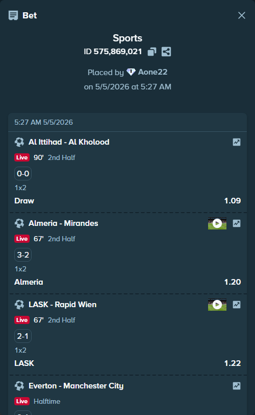 Bet slip: Al Ittihad - Al Kholood, $14,000.00 stake at 1.09 odds, placed by Aone22