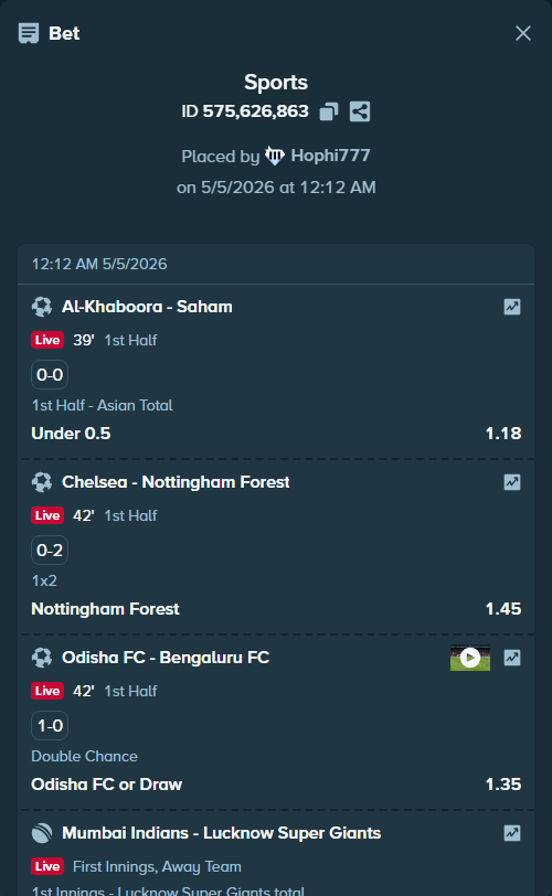 Bet slip: Al-Khaboora - Saham, $29,001.52 stake at 1.18 odds, placed by Hophi777