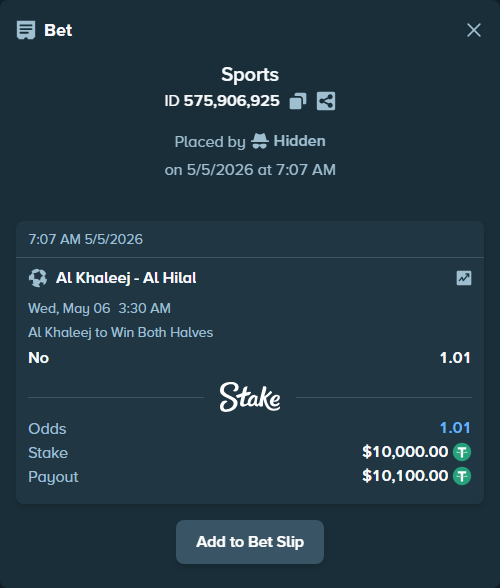 Bet slip: Al Khaleej - Al Hilal, $10,000.00 stake at 1.01 odds, placed by Hidden