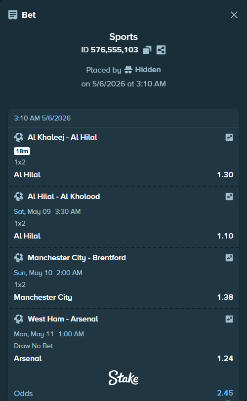 Bet slip: Al Khaleej - Al Hilal, $10,000.00 stake at 1.30 odds, placed by Hidden