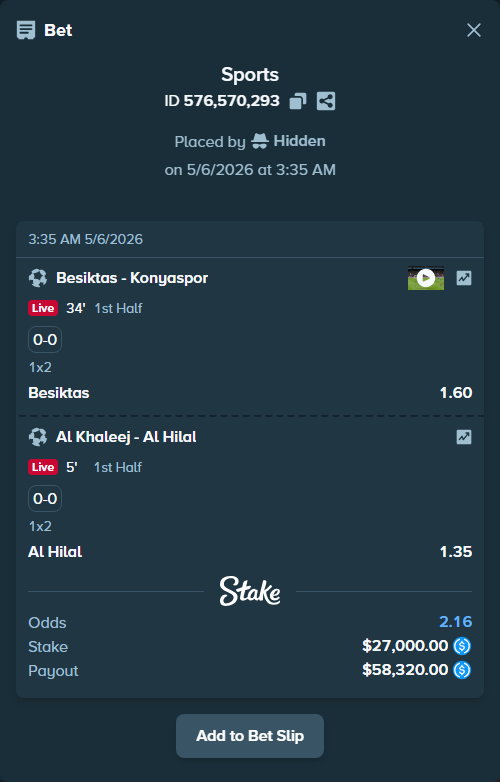Bet slip: Al Khaleej - Al Hilal, $27,000.00 stake at 1.35 odds, placed by Hidden