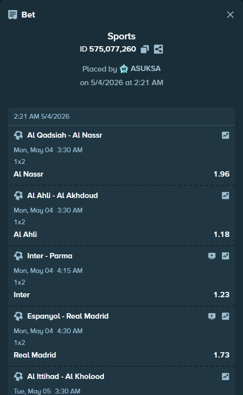 Bet slip: Al Qadsiah - Al Nassr, $24,366.55 stake at 1.96 odds, placed by ASUKSA