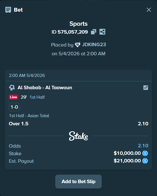 Bet slip: Al Shabab - Al Taawoun, $10,000.00 stake at 2.10 odds, placed by JDKING23
