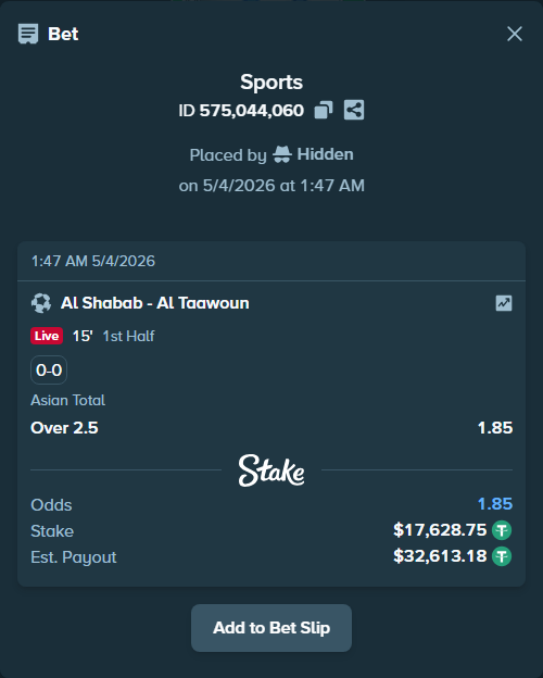 Bet slip: Al Shabab - Al Taawoun, $17,628.75 stake at 1.85 odds, placed by Hidden