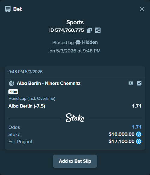 Bet slip: Alba Berlin - Niners Chemnitz, $10,000.00 stake at 1.71 odds, placed by Hidden