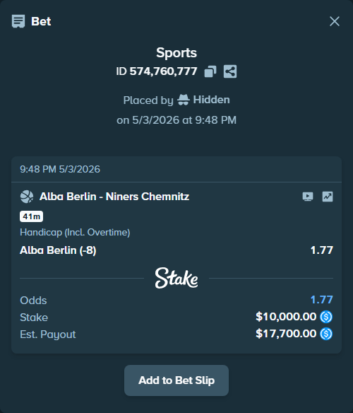 Bet slip: Alba Berlin - Niners Chemnitz, $10,000.00 stake at 1.77 odds, placed by Hidden
