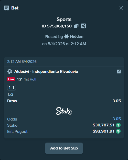 Bet slip: Aldosivi - Independiente Rivadavia, $30,787.51 stake at 3.05 odds, placed by Hidden