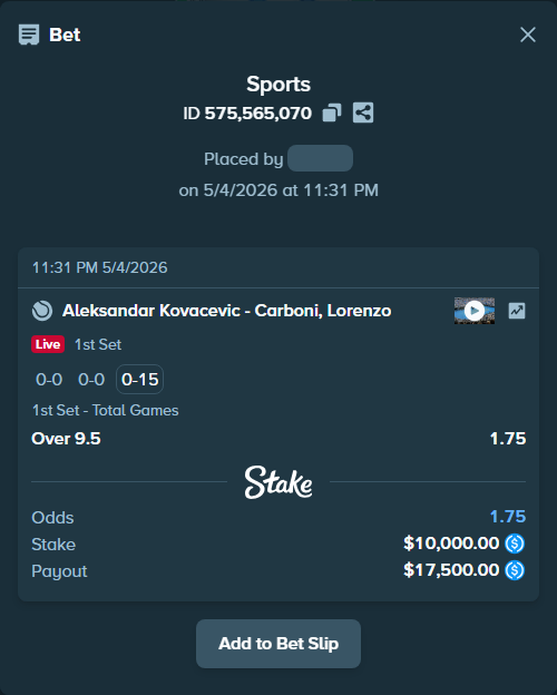 Bet slip: Aleksandar Kovacevic - Carboni, Lorenzo, $10,000.00 stake at 1.75 odds, placed by Jcalle19