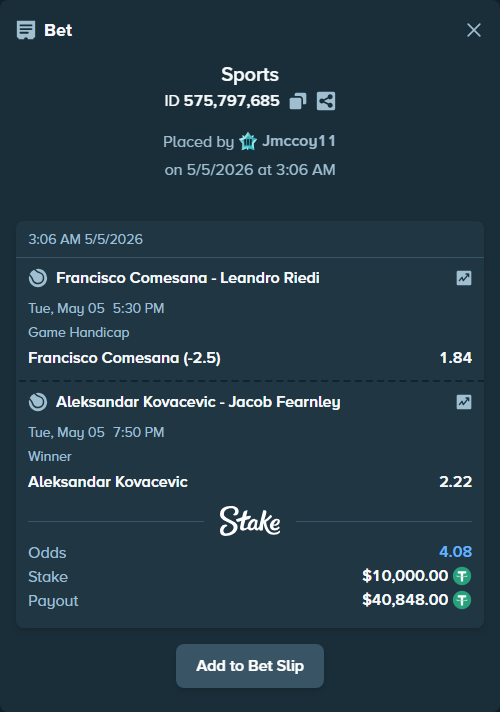 Bet slip: Aleksandar Kovacevic - Jacob Fearnley, $10,000.00 stake at 2.22 odds, placed by Jmccoy11