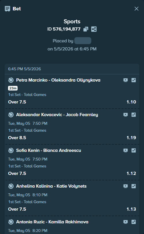 Bet slip: Aleksandar Kovacevic - Jacob Fearnley, $100,000.00 stake at 1.19 odds, placed by Azuulu