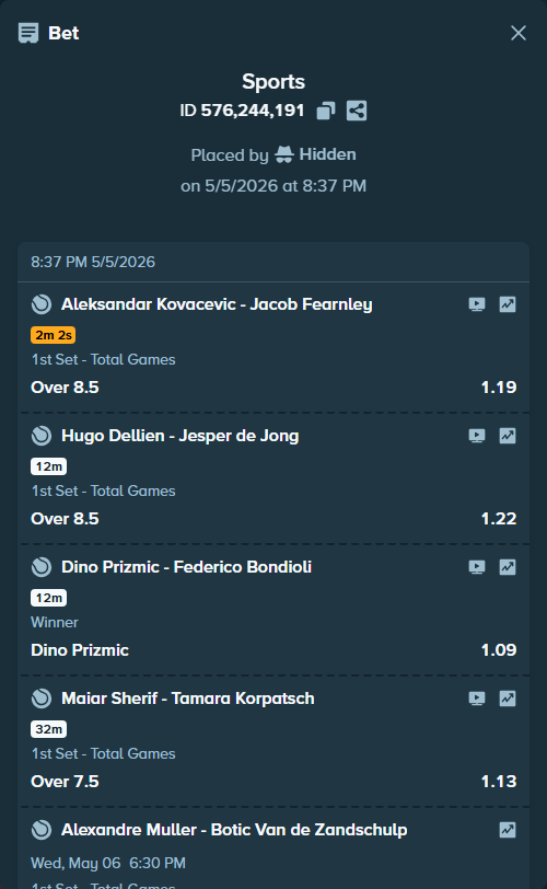 Bet slip: Aleksandar Kovacevic - Jacob Fearnley, $49,739.68 stake at 1.19 odds, placed by Hidden