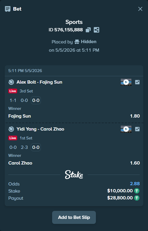 Bet slip: Alex Bolt - Fajing Sun, $10,000.00 stake at 1.80 odds, placed by Hidden