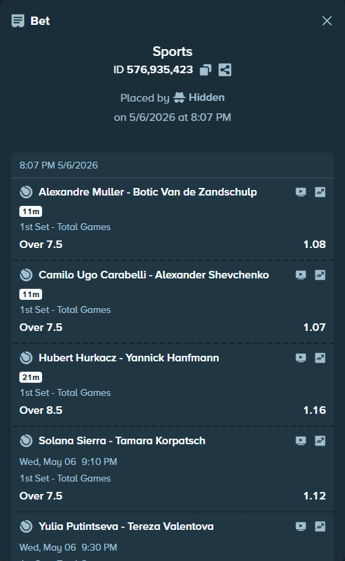 Bet slip: Alexandre Muller - Botic Van de Zandschulp, $150,000.00 stake at 1.08 odds, placed by Hidden