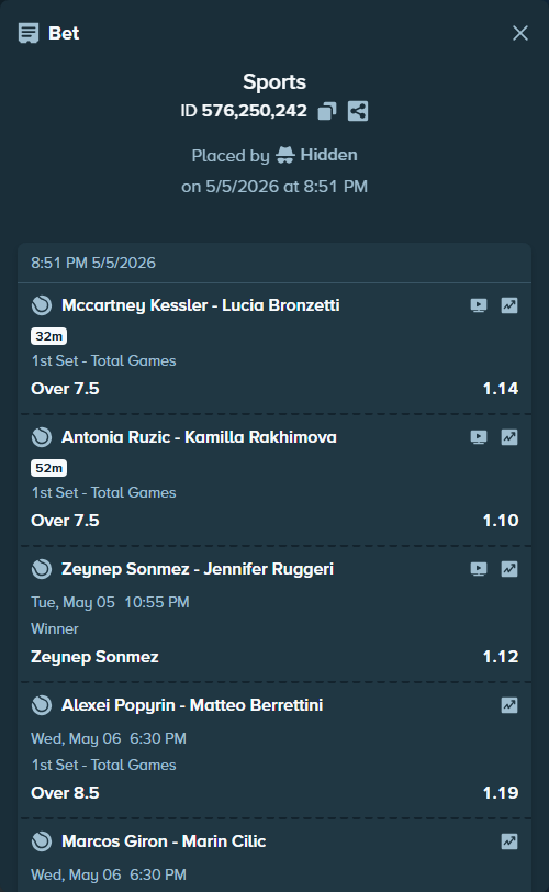 Bet slip: Alexei Popyrin - Matteo Berrettini, $42,996.07 stake at 1.19 odds, placed by Hidden