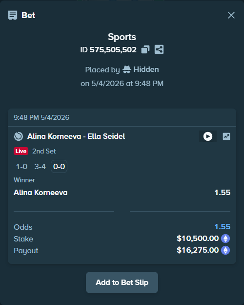 Bet slip: Alina Korneeva - Ella Seidel, $15,736.35 stake at 1.55 odds, placed by Hidden