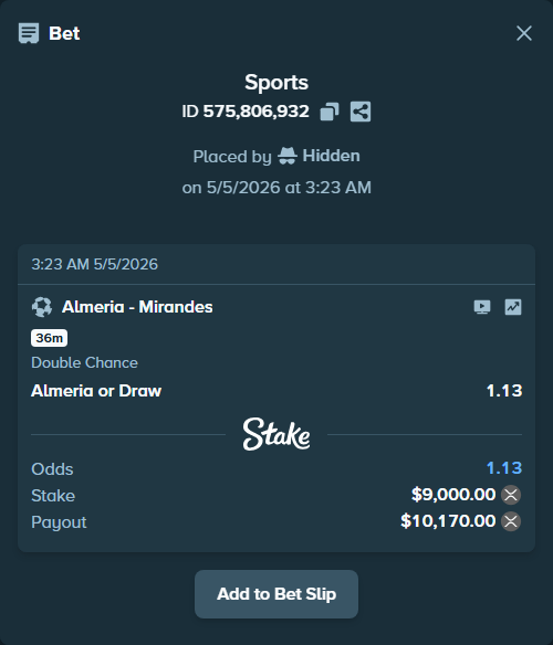 Bet slip: Almeria - Mirandes, $16,011.00 stake at 1.13 odds, placed by Hidden