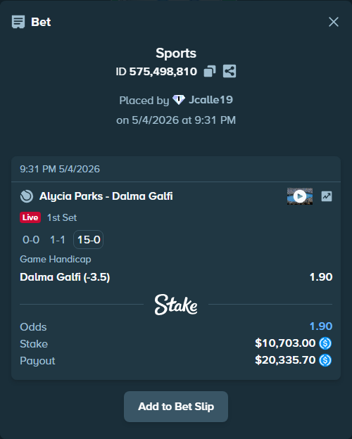 Bet slip: Alycia Parks - Dalma Galfi, $10,703.00 stake at 1.90 odds, placed by Jcalle19