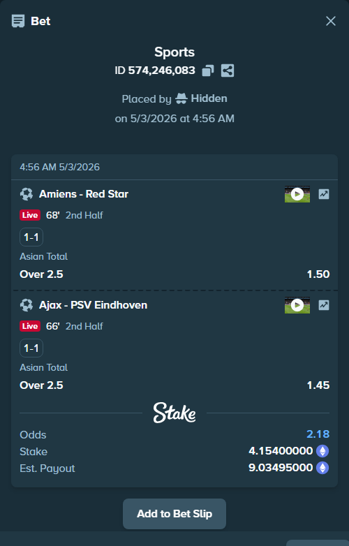 Bet slip: Amiens - Red Star, $14,539.00 stake at 1.50 odds, placed by Hidden