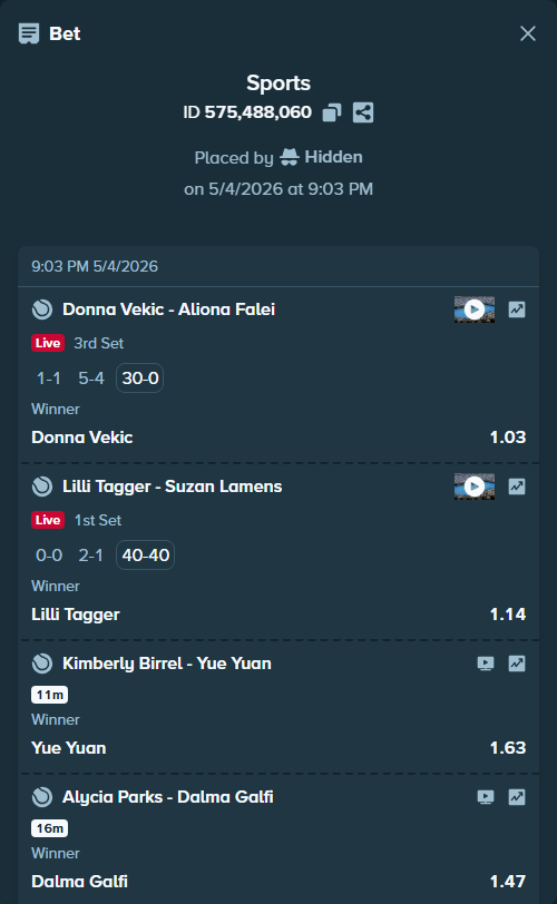 Bet slip: Anastasia Pavlyuchenkova - Veronika Erjavec, $10,000.00 stake at 1.48 odds, placed by Hidden