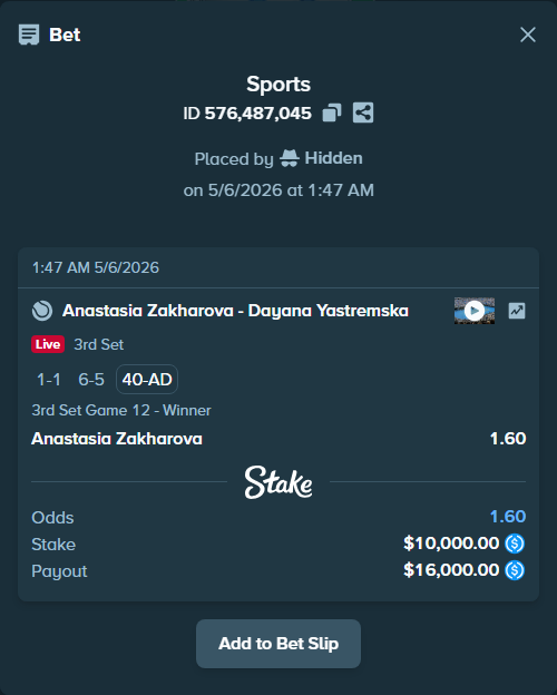 Bet slip: Anastasia Zakharova - Dayana Yastremska, $10,000.00 stake at 1.60 odds, placed by Hidden