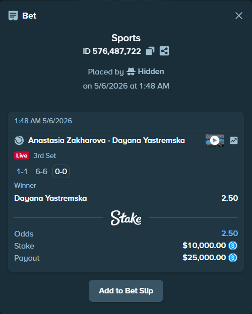 Bet slip: Anastasia Zakharova - Dayana Yastremska, $10,000.00 stake at 2.50 odds, placed by Hidden