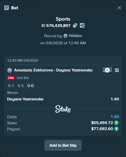 Bet slip: Anastasia Zakharova - Dayana Yastremska, $55,494.72 stake at 1.40 odds, placed by Hidden