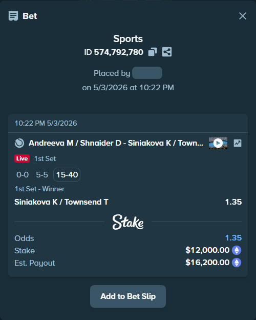 Bet slip: Andreeva M / Shnaider D - Siniakova K / Townsend T, $18,068.40 stake at 1.35 odds, placed by AustinAlgamus