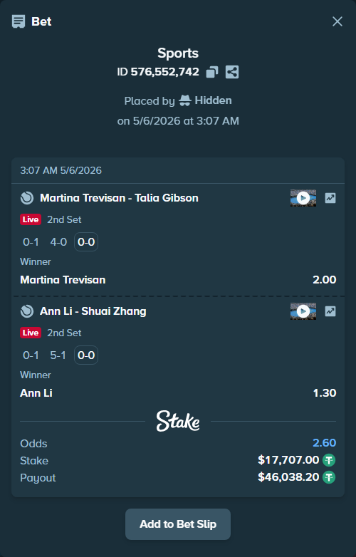 Bet slip: Ann Li - Shuai Zhang, $17,707.00 stake at 1.30 odds, placed by Hidden