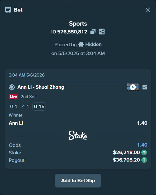 Bet slip: Ann Li - Shuai Zhang, $26,218.00 stake at 1.40 odds, placed by Hidden