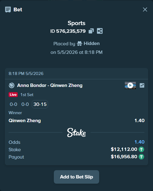 Bet slip: Anna Bondar - Qinwen Zheng, $12,112.00 stake at 1.40 odds, placed by Hidden