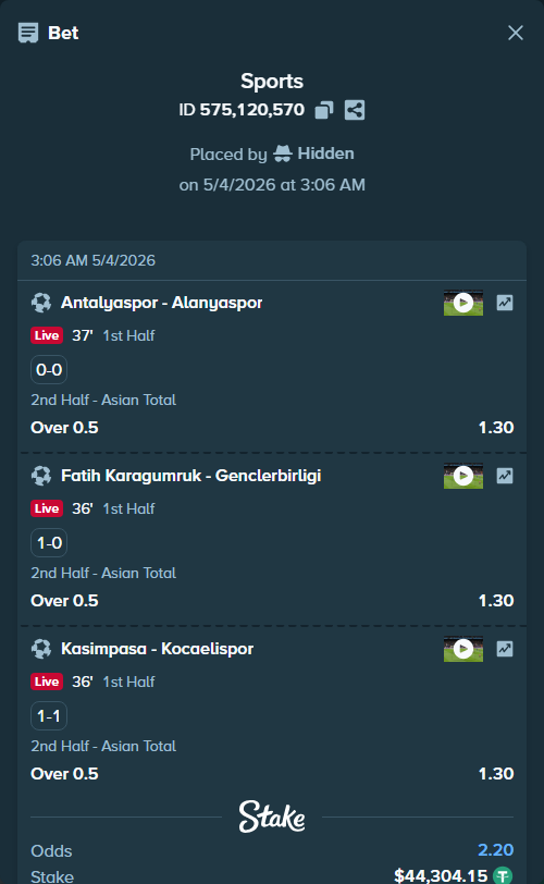 Bet slip: Antalyaspor - Alanyaspor, $44,304.15 stake at 1.30 odds, placed by Hidden