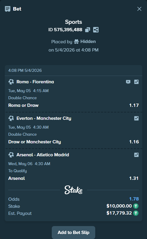 Bet slip: Arsenal - Atletico Madrid, $10,000.00 stake at 1.31 odds, placed by Hidden