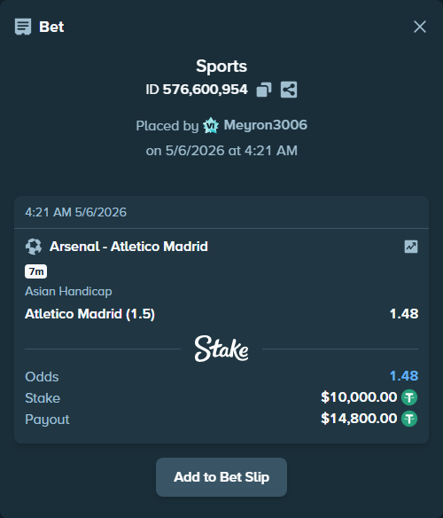 Bet slip: Arsenal - Atletico Madrid, $10,000.00 stake at 1.48 odds, placed by Meyron3006