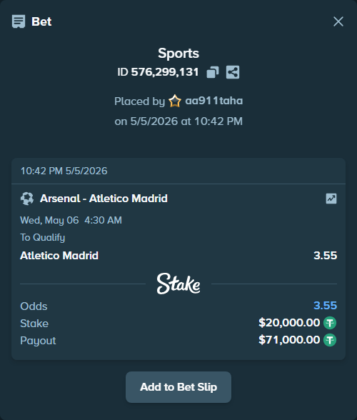 Bet slip: Arsenal - Atletico Madrid, $20,000.00 stake at 3.55 odds, placed by aa911taha