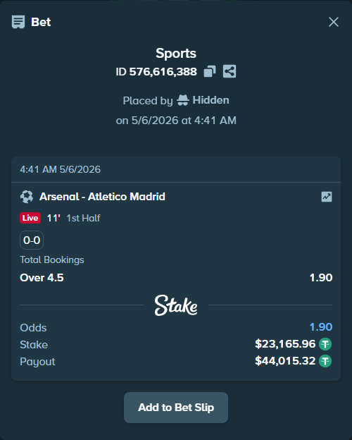 Bet slip: Arsenal - Atletico Madrid, $23,165.96 stake at 1.90 odds, placed by Hidden