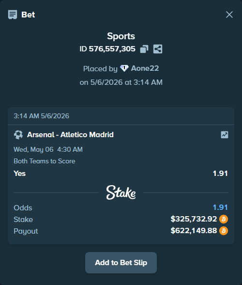 Bet slip: Arsenal - Atletico Madrid, $280,000.00 stake at 1.91 odds, placed by Aone22