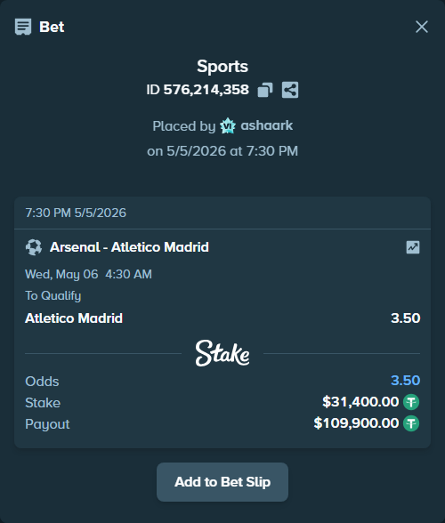 Bet slip: Arsenal - Atletico Madrid, $31,400.00 stake at 3.50 odds, placed by ashaark
