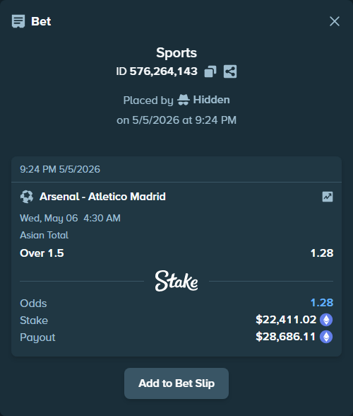 Bet slip: Arsenal - Atletico Madrid, $32,936.36 stake at 1.28 odds, placed by Hidden