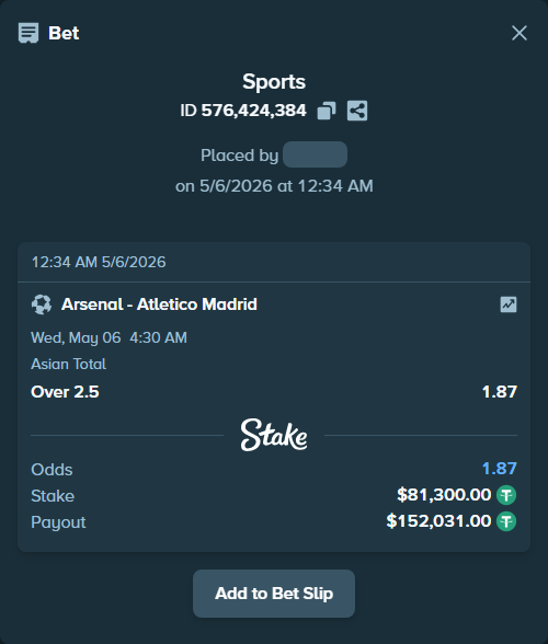Bet slip: Arsenal - Atletico Madrid, $81,300.00 stake at 1.87 odds, placed by yourbunnywrot