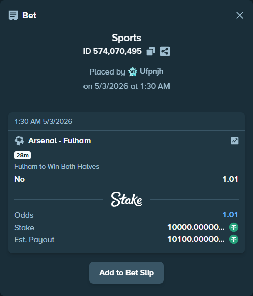 Bet slip: Arsenal - Fulham, $10,000.00 stake at 1.01 odds, placed by Ufpnjh