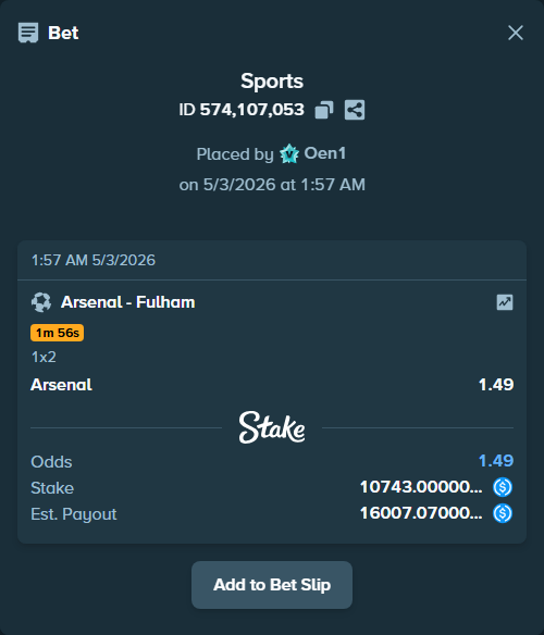 Bet slip: Arsenal - Fulham, $10,743.00 stake at 1.49 odds, placed by Oen1