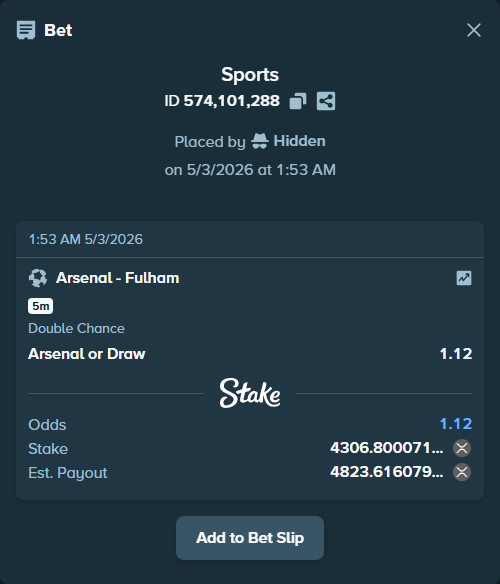 Bet slip: Arsenal - Fulham, $10,767.00 stake at 1.12 odds, placed by Hidden