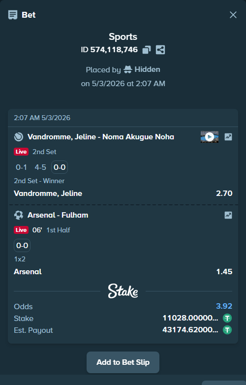 Bet slip: Arsenal - Fulham, $11,028.00 stake at 1.45 odds, placed by Hidden