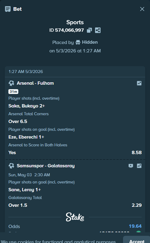 Bet slip: Arsenal - Fulham, $13,176.00 stake at 1.18 odds, placed by Hidden