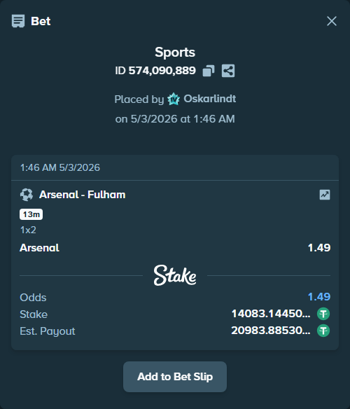 Bet slip: Arsenal - Fulham, $14,083.14 stake at 1.49 odds, placed by Oskarlindt