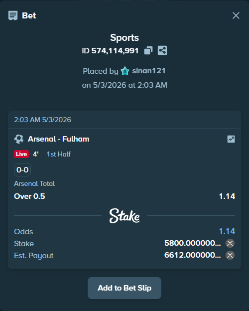 Bet slip: Arsenal - Fulham, $14,500.00 stake at 1.14 odds, placed by sinan121