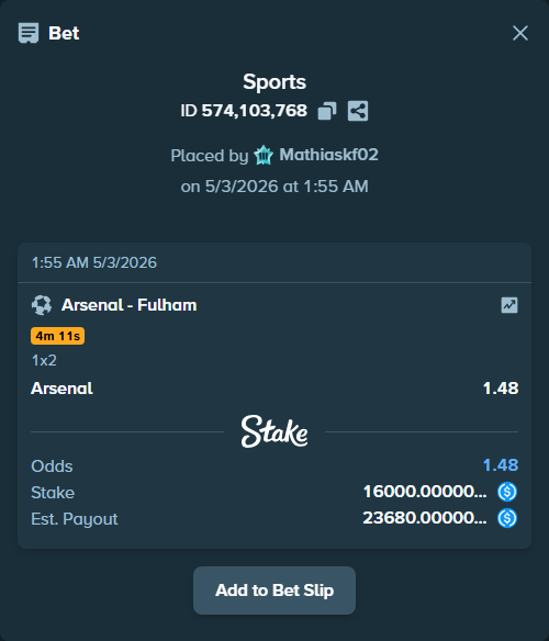 Bet slip: Arsenal - Fulham, $16,000.00 stake at 1.48 odds, placed by Mathiaskf02